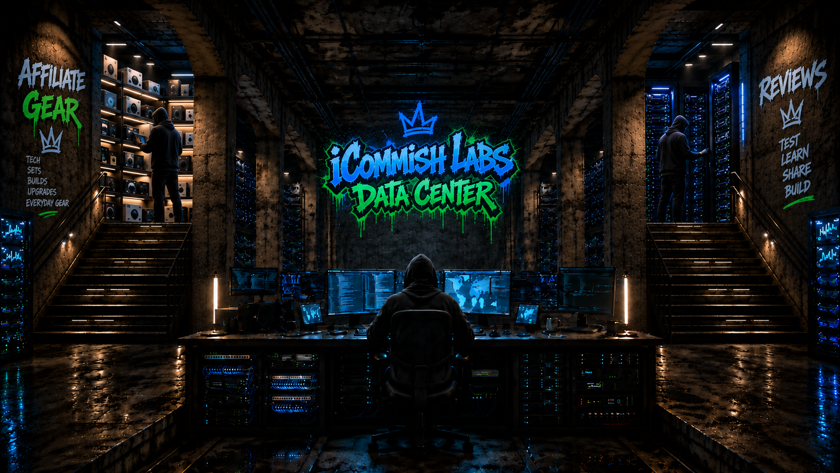 Underground iCommish Labs data center with affiliate gear and reviews rooms, central operator desk, server aisles, stairs, and blue-lit monitors